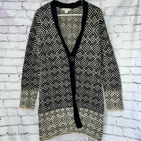Coldwater Creek Open Front Wool Blend Black‎ Beige Geometric Long Sweater Large - Picture 1 of 6